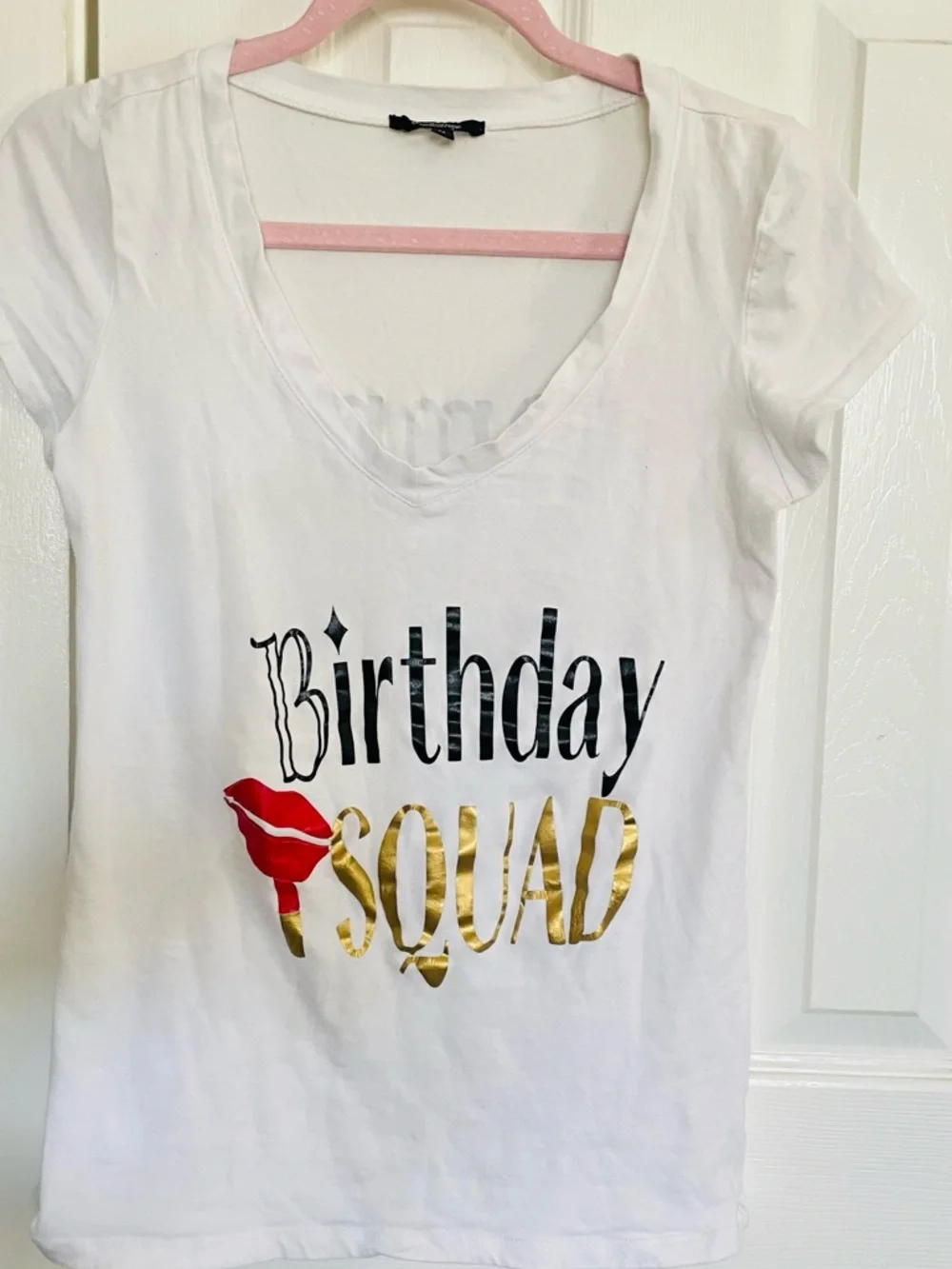 Ambiance White Tee with Black 'Birthday', Gold 'SQUAD' and Red Lip Graphic